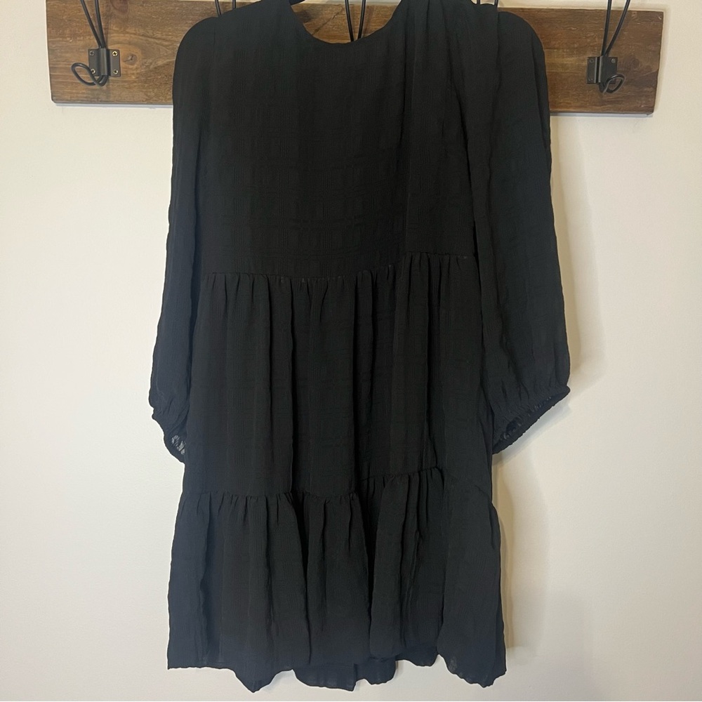 Madewell Black Tiered Mini‎ Dress Size 8P Long Sleeve Boho Peasant Shift